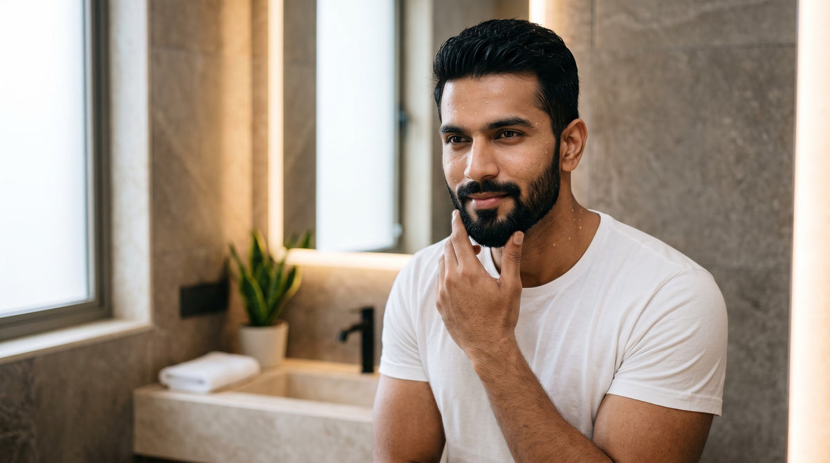 വെള്ള ടീ-ഷർട്ട് ഇട്ട, താടിയുള്ള ഒരു ഇന്ത്യൻ പുരുഷൻ ബ്രൈറ്റ് ആയ മോഡേൺ ബാത്ത്റൂമിൽ താടിയെല്ലിൽ തൊട്ട് സ്കിൻ നോക്കുന്ന ഇലസ്ട്രേഷൻ