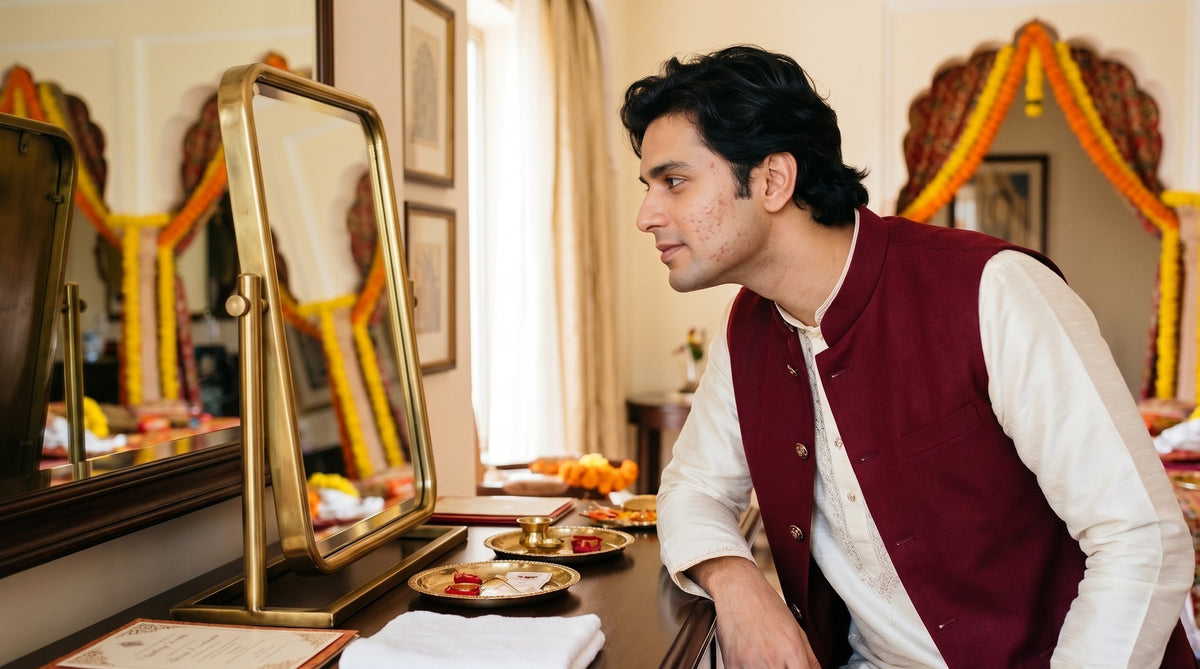Illustration of a young Indian man in a kurta and maroon Nehru jacket checking acne marks on his cheek in a hotel room mirror before a wedding function