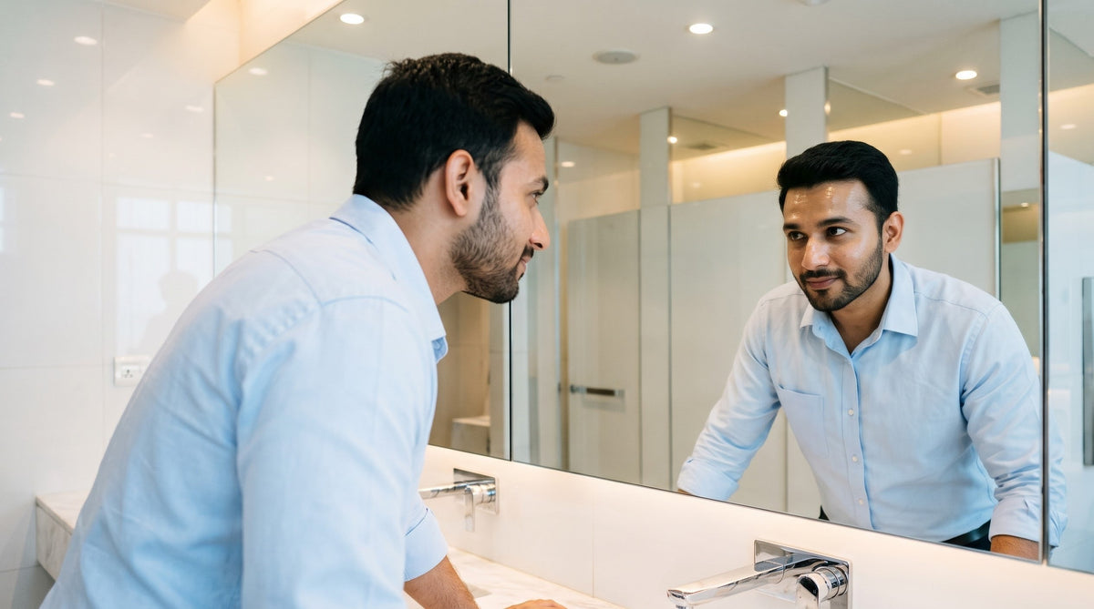 Illustration of a young Indian man in a bright office washroom, leaning towards the mirror to look at the shine on his forehead