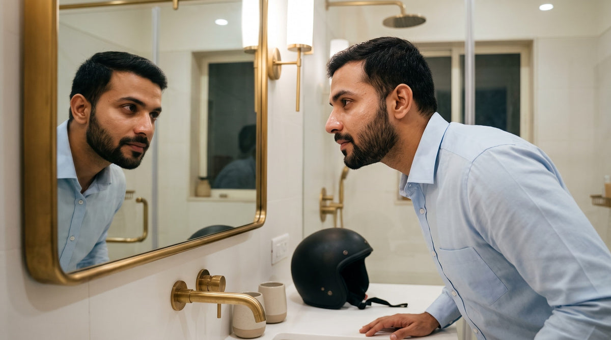 Illustration of an Indian man in a Mumbai apartment bathroom, helmet on the counter, leaning towards the mirror to look at the blackheads on his nose