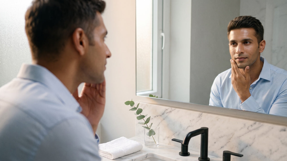 Illustration of a young Indian man in a light-blue shirt touching his cheek in front of a white marble bathroom mirror in the morning