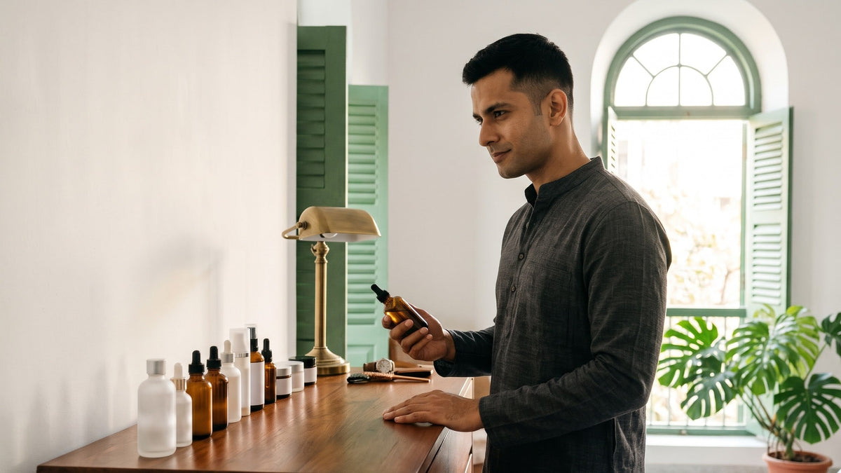 Illustration of a young Indian man at a teak dresser in a sunlit Kolkata apartment, holding an amber bottle beside a long row of unlabelled skincare bottles, skincare mistakes men make in the first month
