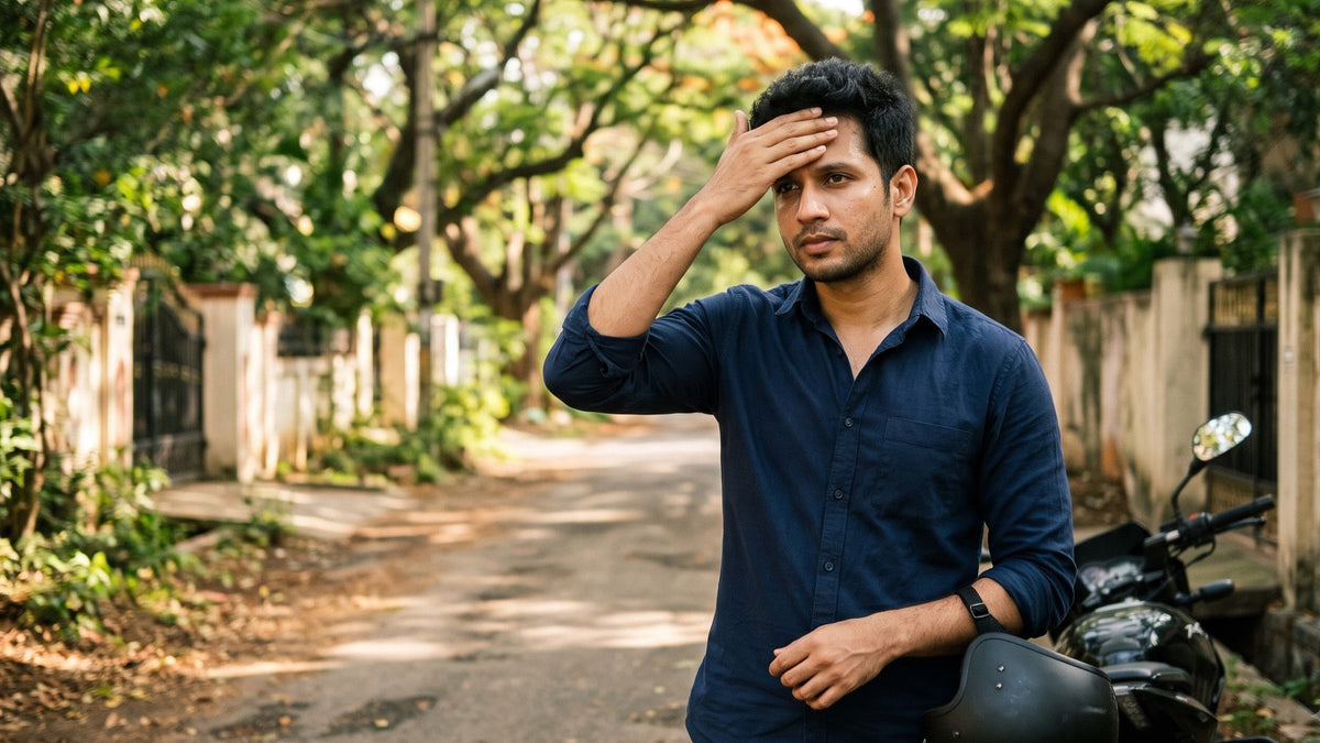 Illustration of a young Indian man in a navy shirt beside his parked motorcycle on a tree-lined Bengaluru lane, helmet in one hand, other hand pressed to his forehead at the hairline
