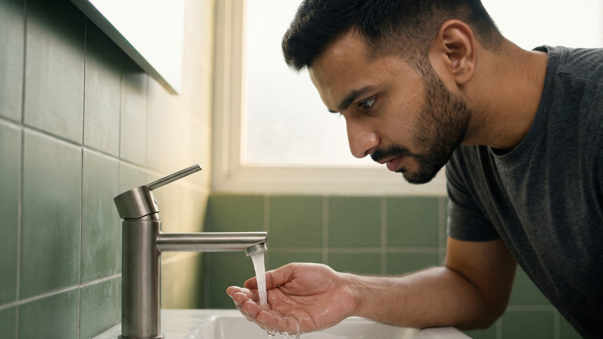 Illustration of a young Indian man at a bathroom basin looking at the white scale on a steel tap while water runs over his hand