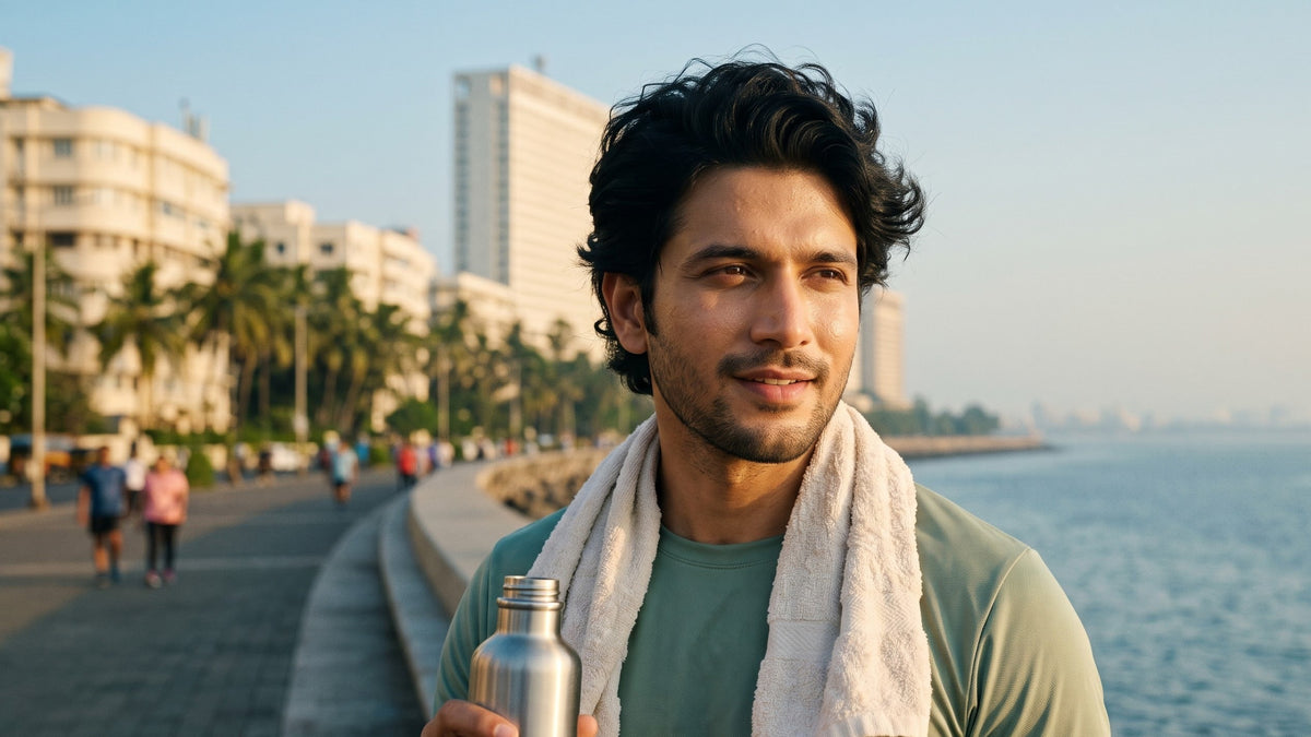 Illustration of a young Indian man in running clothes on a sea-facing promenade at sunrise, towel around his neck, steel water bottle in hand