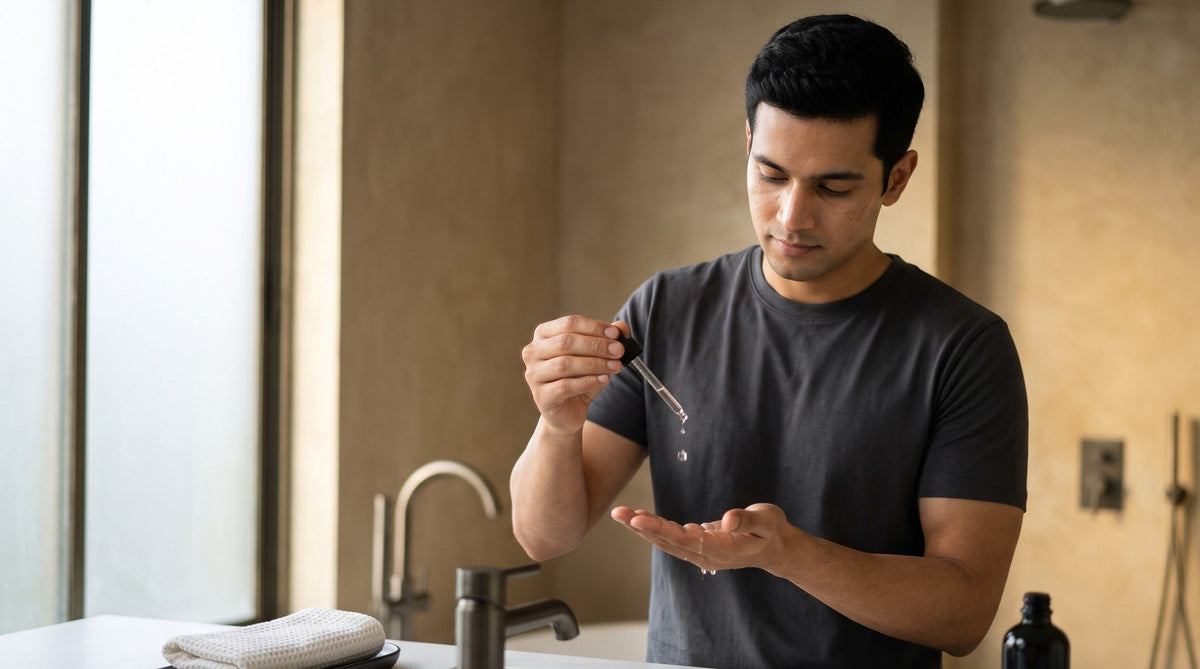 Illustration of a young Indian man at a bathroom basin letting clear drops of serum fall from a glass dropper into his open palm