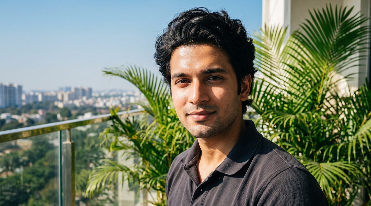 Illustration of a young Indian man on a sunlit balcony, looking at the camera, with a natural shine on his forehead and nose and matte cheeks