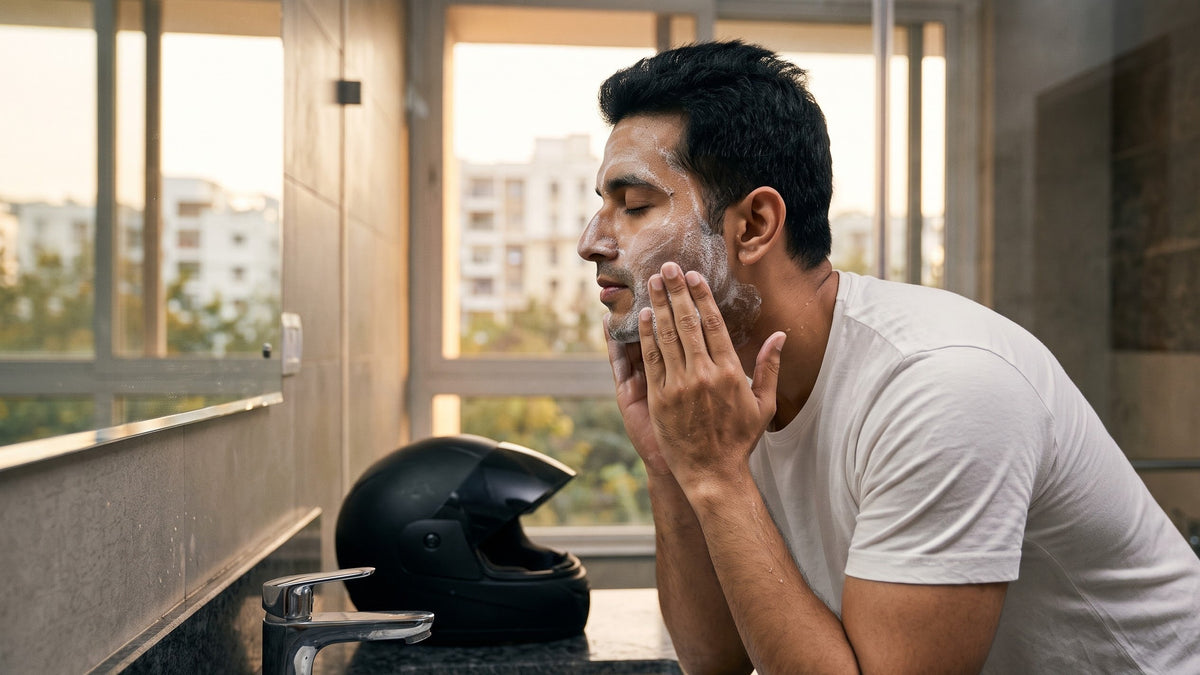 Illustration of a young Indian man at a bathroom basin with white lather on his cheeks, a bike helmet on the counter beside him