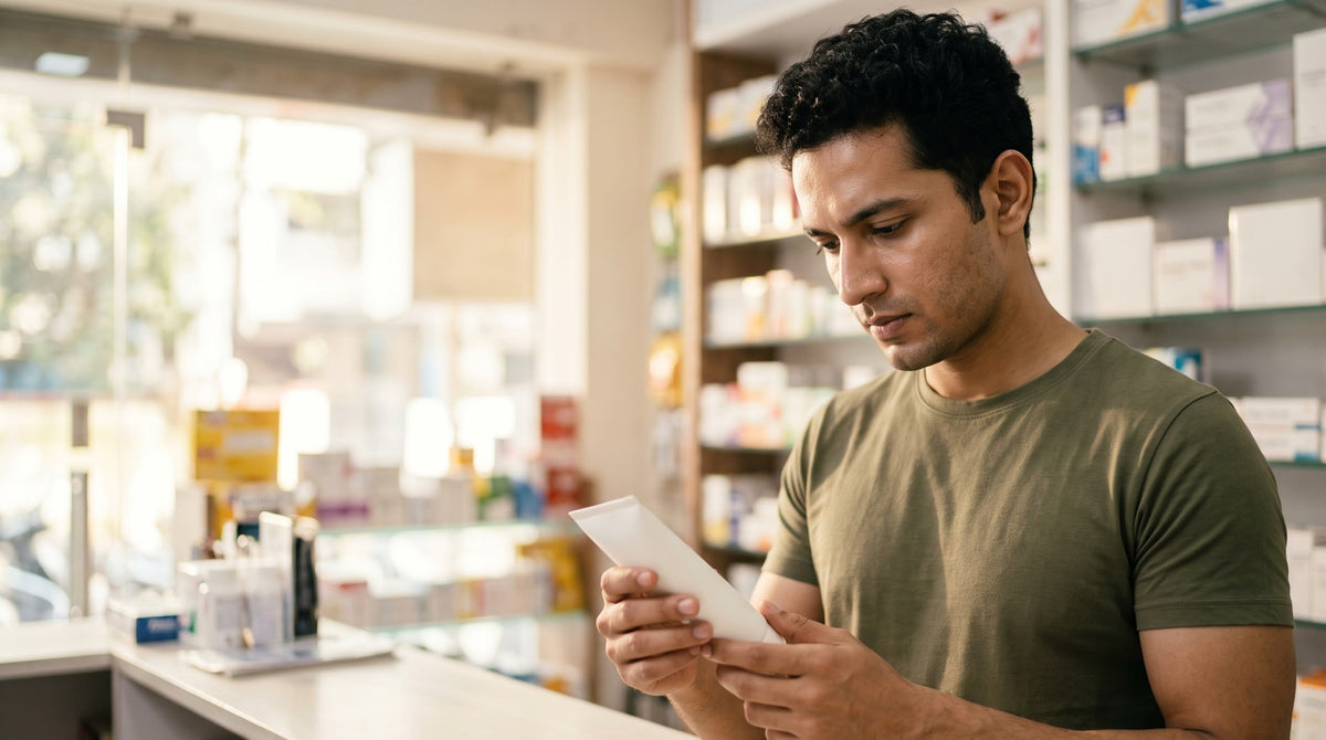 Illustration of a young Indian man at a bright pharmacy counter in Pune, turning a plain white moisturizer tube over to read the back