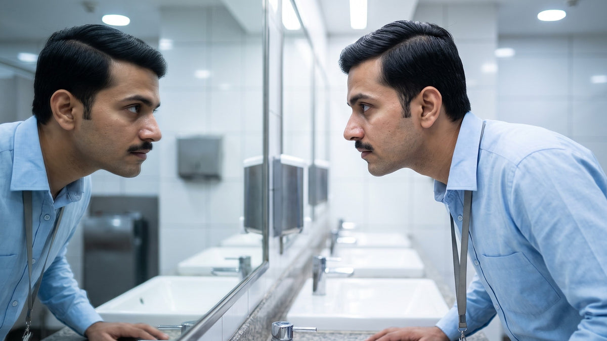 തെളിഞ്ഞ വെളിച്ചത്തിൽ മുഖം പരിശോധിക്കാൻ ഒരു വാഷ്റൂം കണ്ണാടിയോട് ചേർന്ന് കുനിഞ്ഞു നിൽക്കുന്ന, നീല ഓഫീസ് ഷർട്ട് ഇട്ട ഒരു ഇന്ത്യൻ യുവാവിന്റെ ചിത്രം, കണ്ണാടിയിൽ അയാളുടെ പ്രതിബിംബം അയാളെ നോക്കുന്നു