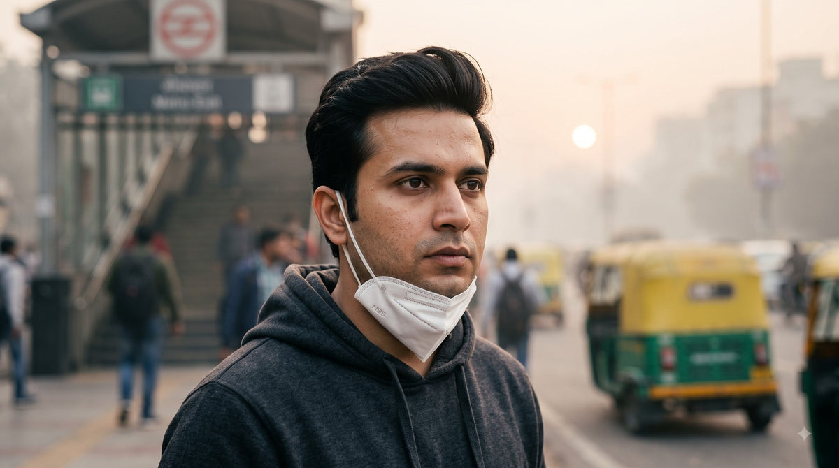 धुंध भरी सर्दियों की सुबह दिल्ली मेट्रो स्टेशन के बाहर ग्रे हुडी पहने एक भारतीय आदमी का इलस्ट्रेशन, N95 मास्क ठुड्डी तक नीचे खिसका हुआ, प्रदूषण और स्किन
