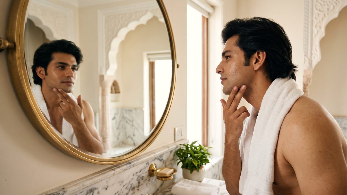 होटल के बाथरूम के शीशे में सिर झुकाकर शेविंग के बाद अपनी गर्दन की स्किन देखते एक युवा भारतीय पुरुष का इलस्ट्रेशन