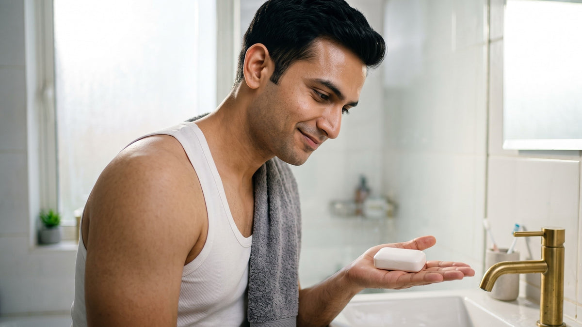 Illustration of a young Indian man in a bright bathroom looking doubtfully at a plain bar of soap on his open palm