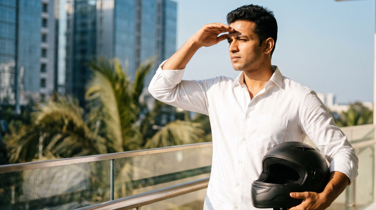 Illustration of a young Indian man on a sunlit apartment balcony in the morning, helmet in one hand, shading his eyes from the bright sky before leaving for work