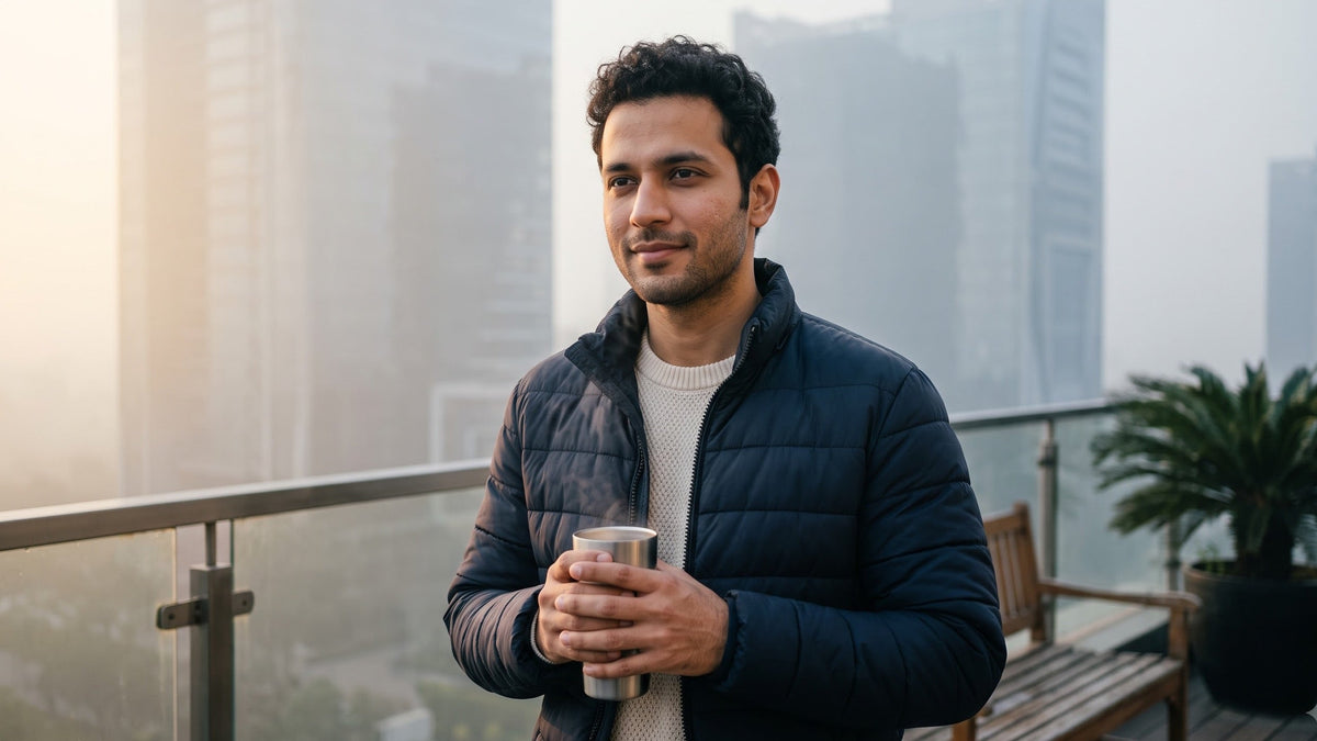 Illustration of a young Indian man in a navy puffer jacket holding a steel tumbler of tea on a rooftop terrace on a foggy winter morning in Gurugram